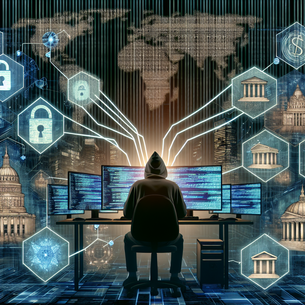 "Ethical hacker analyzing security vulnerabilities on a computer screen in a financial institution, highlighting the importance of cybersecurity measures in protecting sensitive data."