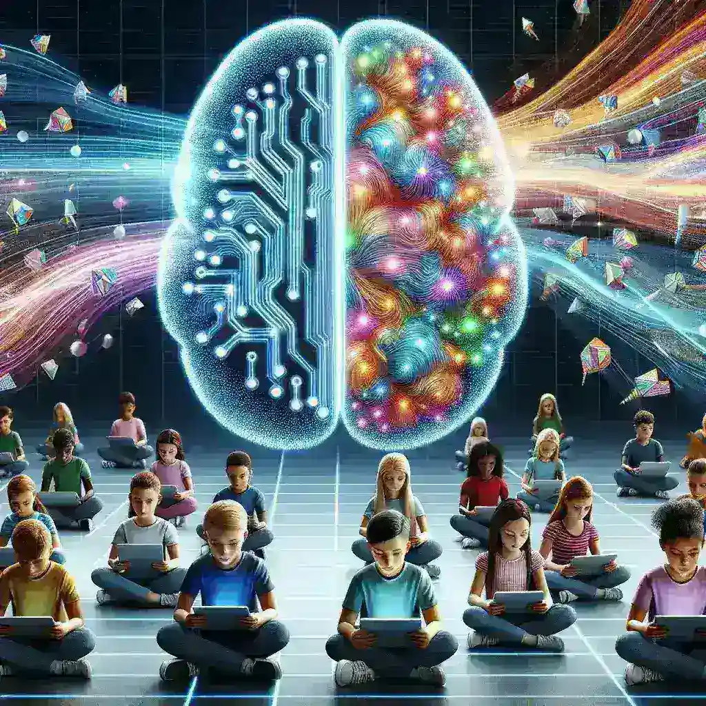 "Students engaging with AI-driven educational tools in a classroom setting, showcasing digital literacy initiatives by Common Sense Media for K–8 learners in the U.S."