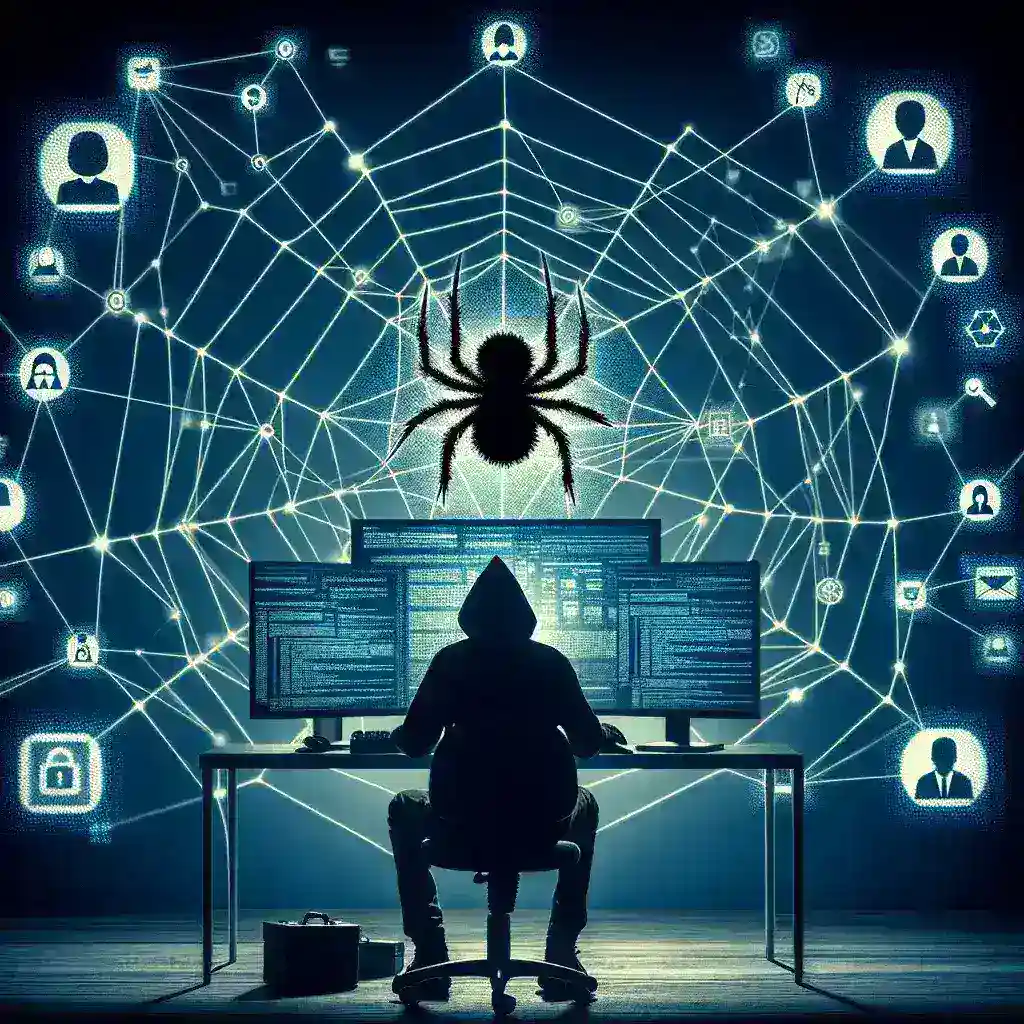 "An illustration of social engineering tactics used by hackers to manipulate individuals, featuring a hacker interacting with a victim through digital communication channels, showcasing techniques like phishing and impersonation to gain trust."