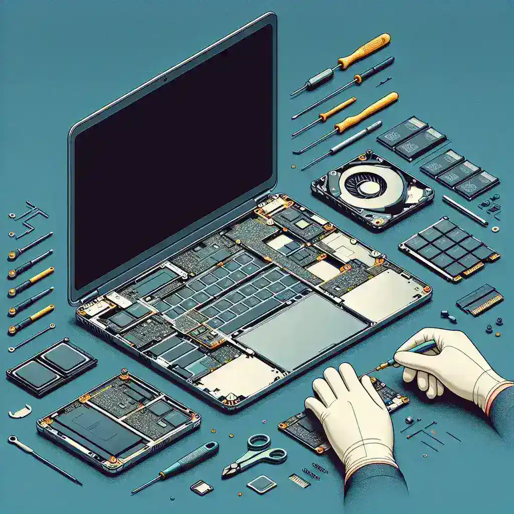 "Close-up of the Framework Laptop showcasing its modular components, highlighting the user-friendly design for easy repairs and upgrades in line with sustainable technology trends."