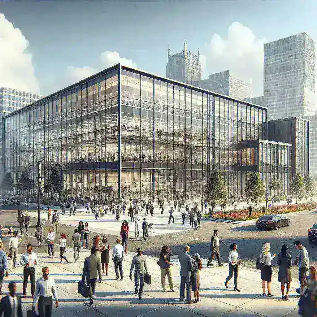 "General Motors new software engineering campus in Detroit, showcasing modern architecture and innovative technology environment, reflecting the company's commitment to advancing automotive software development."