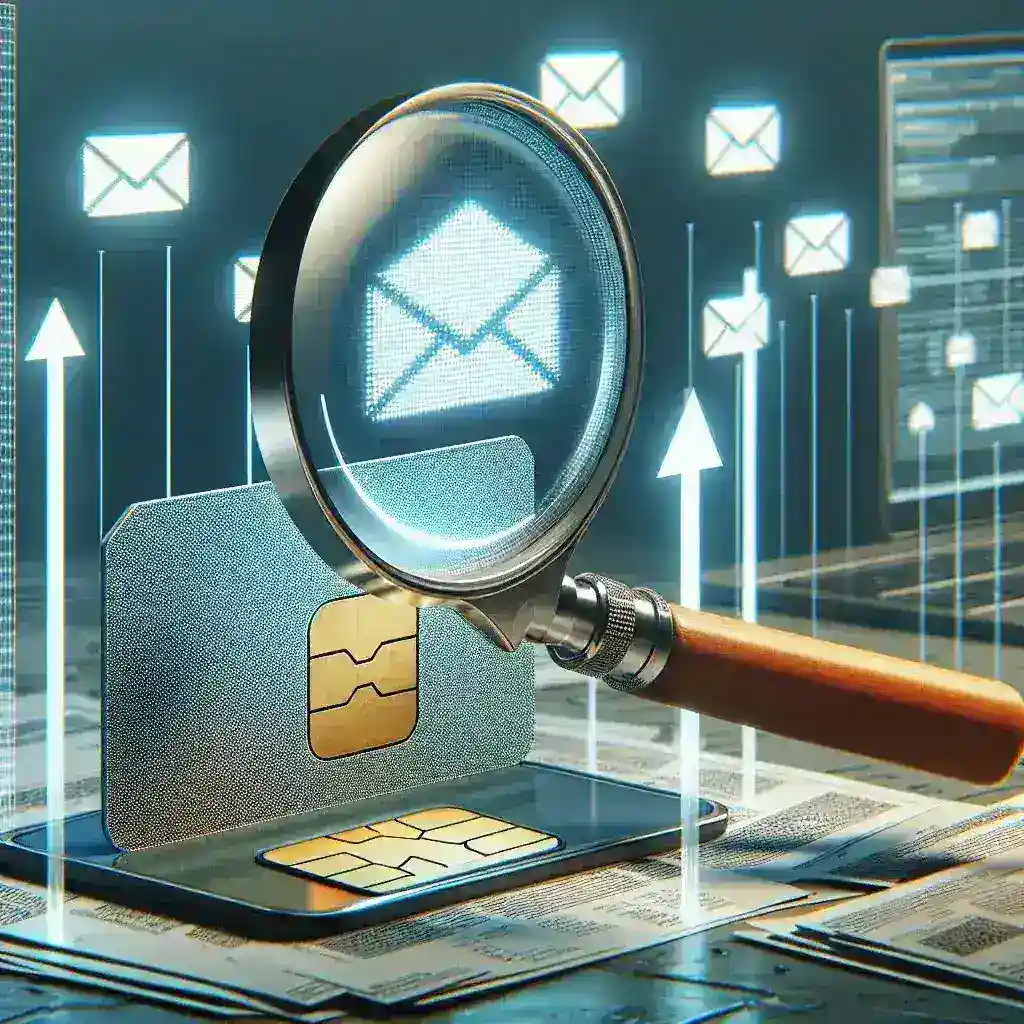 "Person examining a smartphone SIM card to explore the possibility of retrieving deleted messages, with data recovery tools and a laptop in the background."